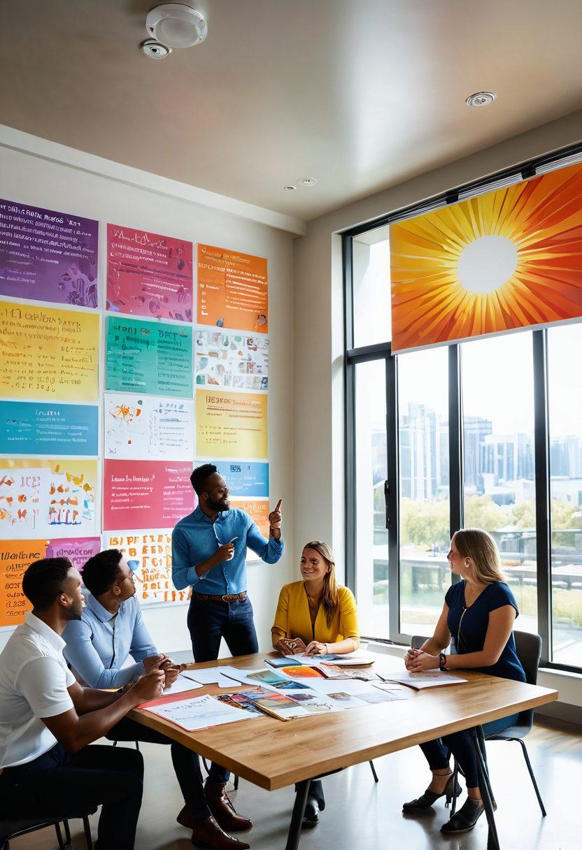 A diverse group of people in a bright, modern meeting room, engaging in brainstorming and collaboration. One individual is pointing at a vision board filled with colorful images representing partnership and aspirations. The atmosphere is dynamic and inspiring, with motivational quotes on the walls. Sunshine pours through large windows, creating a warm and inviting ambiance. super-realistic. vibrant colors. uplifting.