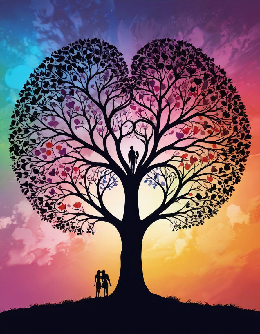 An abstract representation of a heart intertwined with a growing tree, symbolizing love and personal growth. The background features soft glowing orbs that represent inner strength, with vibrant colors blending harmoniously. Include silhouettes of individuals supporting each other at the base of the tree. artistic brush strokes. vibrant colors. soft glow.