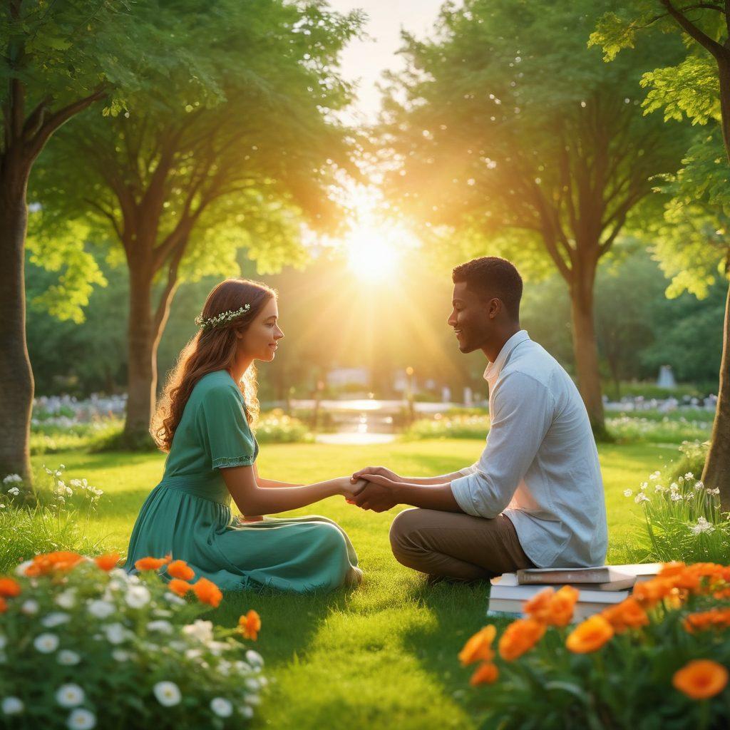 A warm and inviting scene depicting two individuals from different backgrounds, engaging in an intimate conversation in a lush green park. They hold hands, symbols of connection and growth in the background like blooming flowers and a rising sun. Various elements representing personal growth, such as books and light bulbs, subtly integrated into the scenery. super-realistic. vibrant colors. peaceful atmosphere.